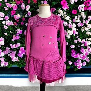 Naartjie Girls Long Tunic Dress Sz 3 Vintage Lace Tulle Buttons Pink Ribbed Knit